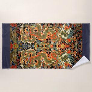intage Chinese Dragon Textile Print Asian Art Beach Towel