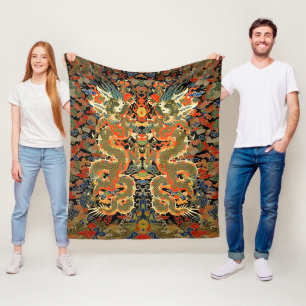 intage Chinese Dragon Textile Print Asian Art Fleece Blanket