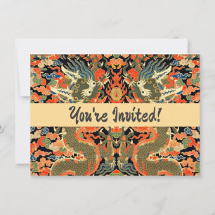 intage Chinese Dragon Textile Print Asian Art Invitation