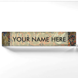 intage Chinese Dragon Textile Print Asian Art Nameplate
