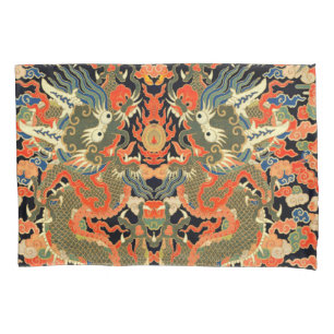 intage Chinese Dragon Textile Print Asian Art Pillowcase