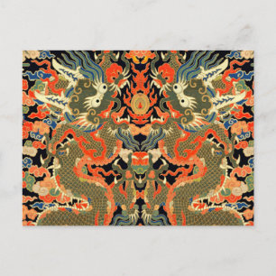 intage Chinese Dragon Textile Print Asian Art Postcard