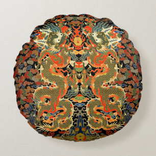 intage Chinese Dragon Textile Print Asian Art Round Cushion