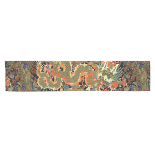 intage Chinese Dragon Textile Print Asian Art Short Table Runner