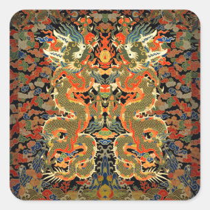 intage Chinese Dragon Textile Print Asian Art Square Sticker
