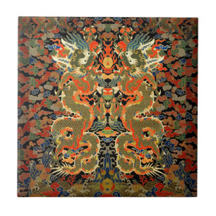 intage Chinese Dragon Textile Print Asian Art Tile