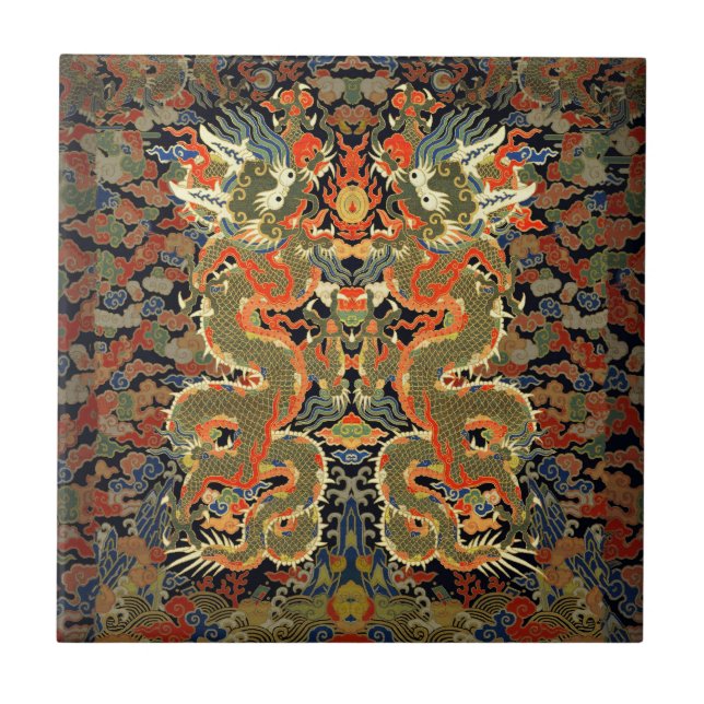intage Chinese Dragon Textile Print Asian Art Tile (Front)