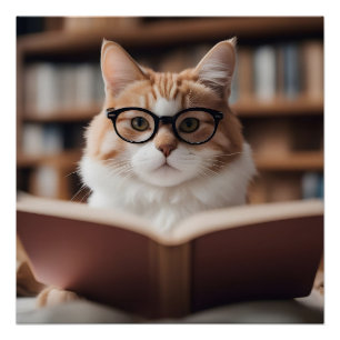 Intelligent cat reading a book poster