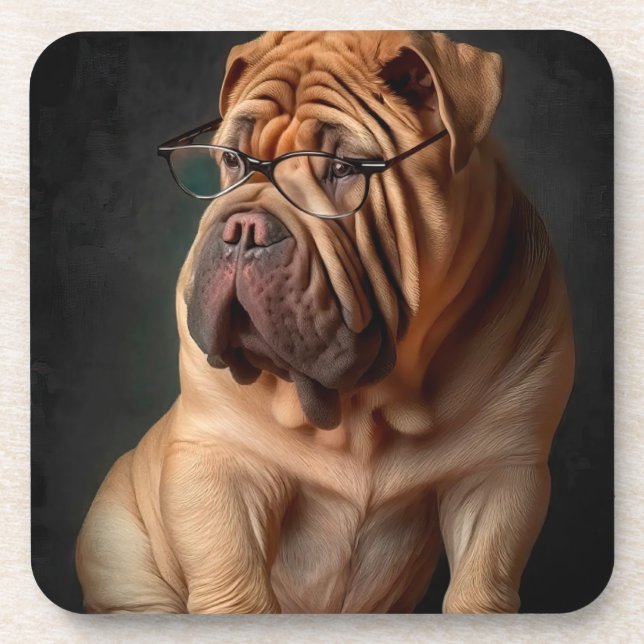 Intelligent Shar Pei Dog with Book Design Coaster (Front)