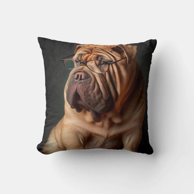 Intelligent Shar Pei Dog with Book Design Cushion (Front)