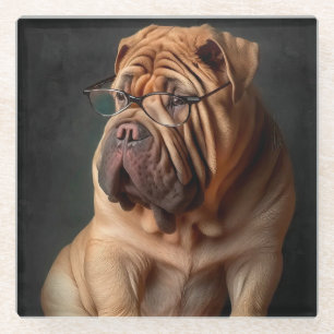 Intelligent Shar Pei Dog with Book Design Glass Coaster