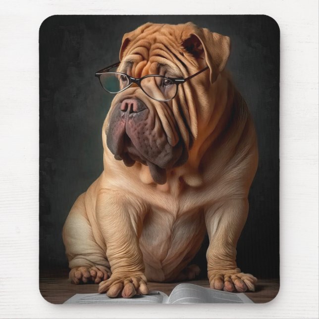 Intelligent Shar Pei Dog with Book Design Mouse Mat (Front)