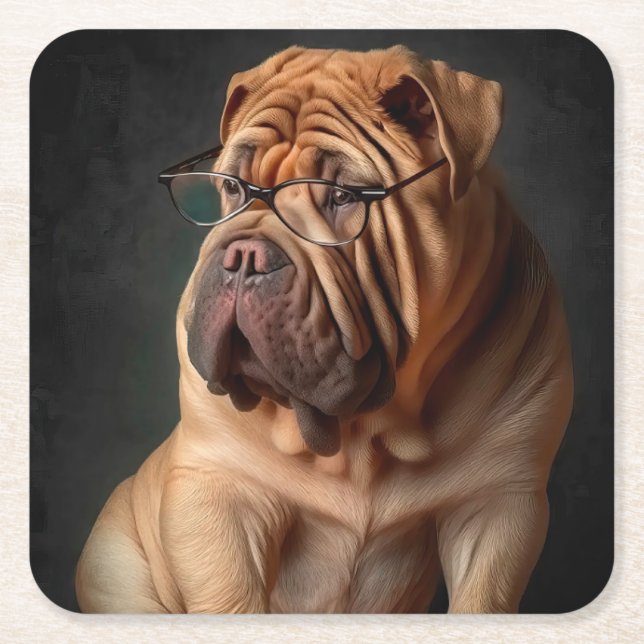 Intelligent Shar Pei Dog with Book Design Square Paper Coaster (Front)