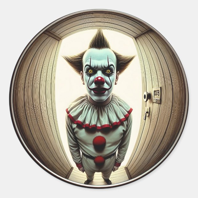 Intense Clown Staring Through Doorway | Fisheye Classic Round Sticker (Front)
