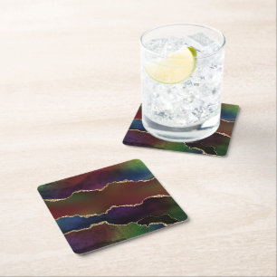 Intense Dark Agate Moody Rainbow Jewel Tone Square Paper Coaster