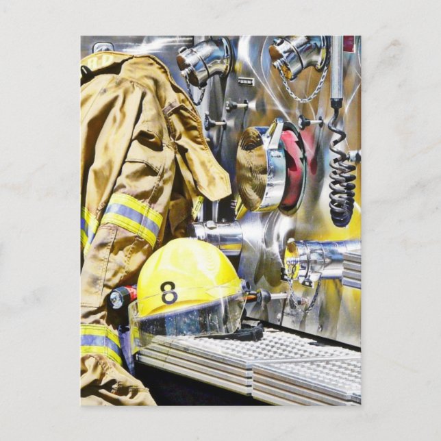 Intense - Fireman Gear and Fire Truck Postcard (Front)