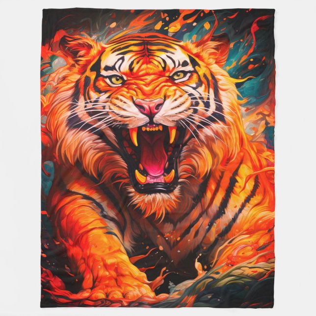 Intense Flaming Tiger Portrait Fleece Blanket (Front)