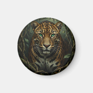 Intense Green Eyed Jaguar Jungle Magnet