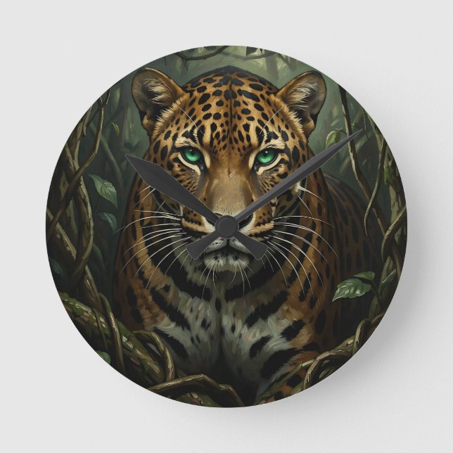 Intense Green Eyed Jaguar Jungle Round Clock (Front)