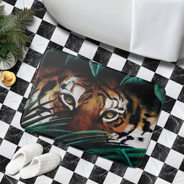 Intense Green Jungle Tiger Eyes Wildlife Leaves Bath Mat (Creator Uploaded)