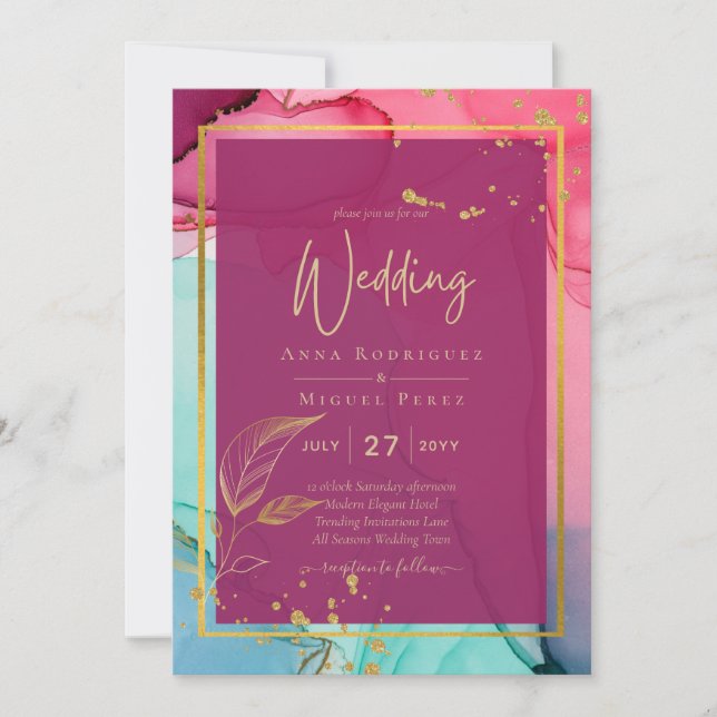 Intense PINK Turquoise GOLD WEDDING Alcohol Ink Invitation (Front)