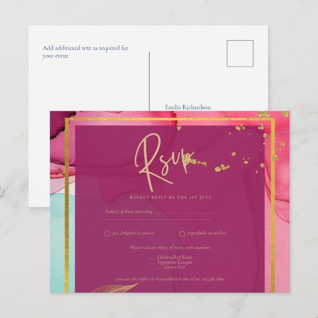 Intense PINK Turquoise GOLD WEDDING Alcohol Ink Postcard (Front/Back)