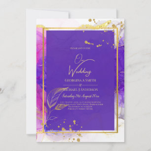 Intense Purple Pink Gold Wedding Alcohol Ink Invitation