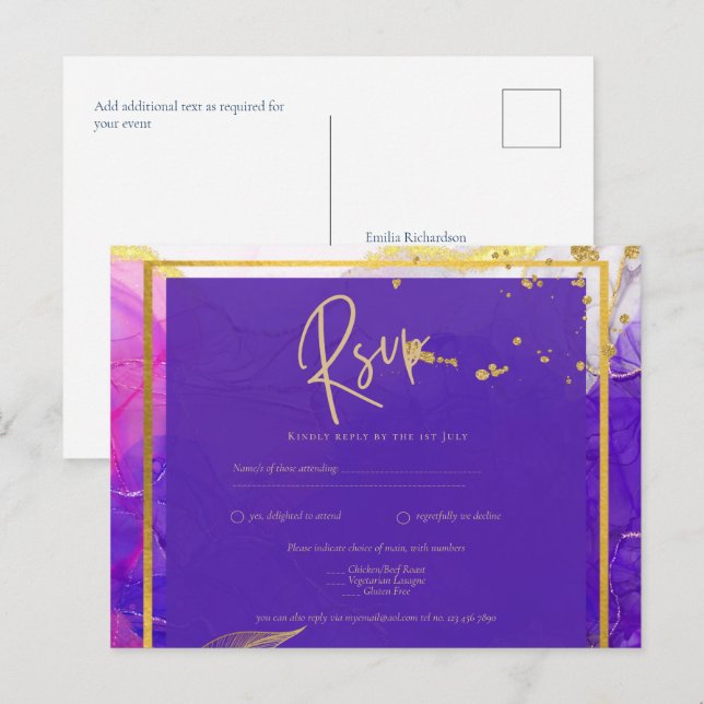 Intense Purple Pink Gold Wedding Alcohol Ink Postcard (Front/Back)