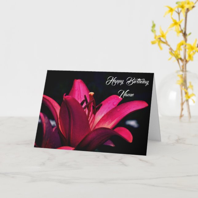 Intense Red Lily Flower Personalised Birthday  Card (Yellow Flower)