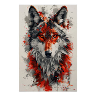 Intense red wolf with striking abstract elements.  poster