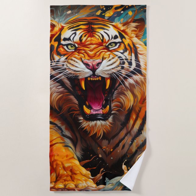 Intense Roaring Tiger Portrait Beach Towel (Front)