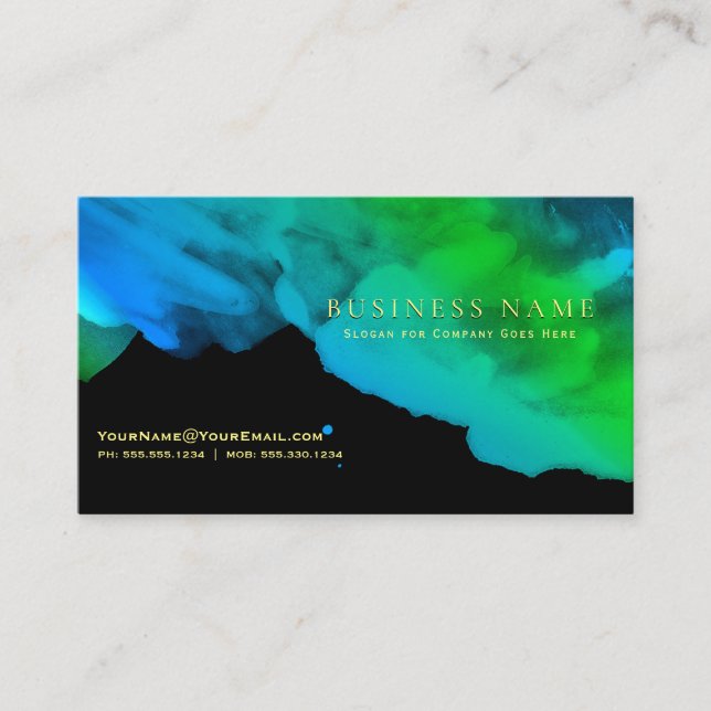 Intense Teal Blue Green  Watercolors on Black Business Card (Front)