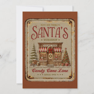 Intensely rustic Santas workshop Village toys 1950 Holiday Card