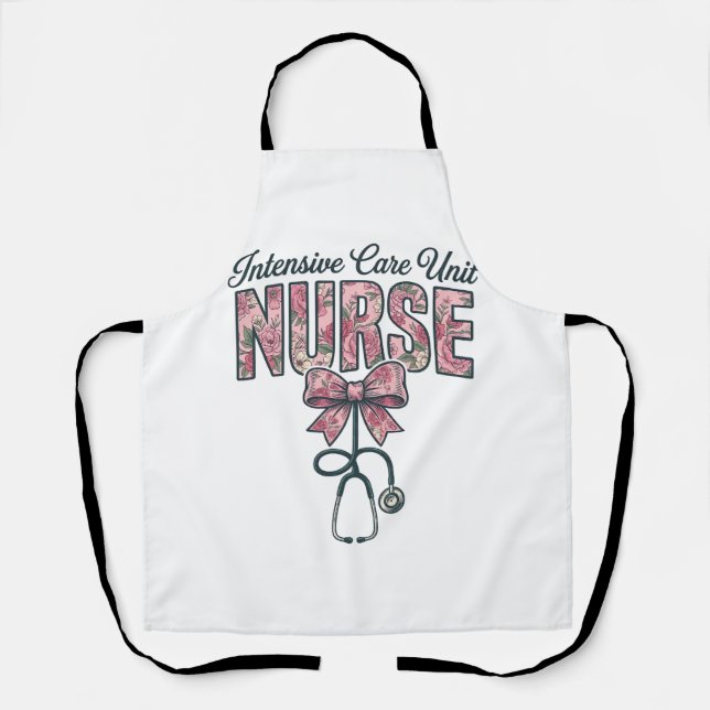 Intensive Care Unit Nurse Floral Bow Shirt Design_ Apron (Front)