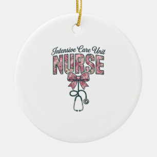 Intensive Care Unit Nurse Floral Bow Shirt Design_ Ceramic Tree Decoration