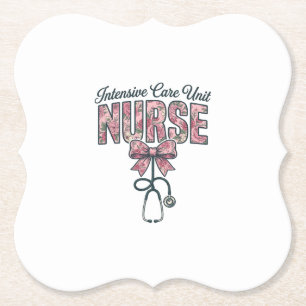 Intensive Care Unit Nurse Floral Bow Shirt Design_ Paper Coaster