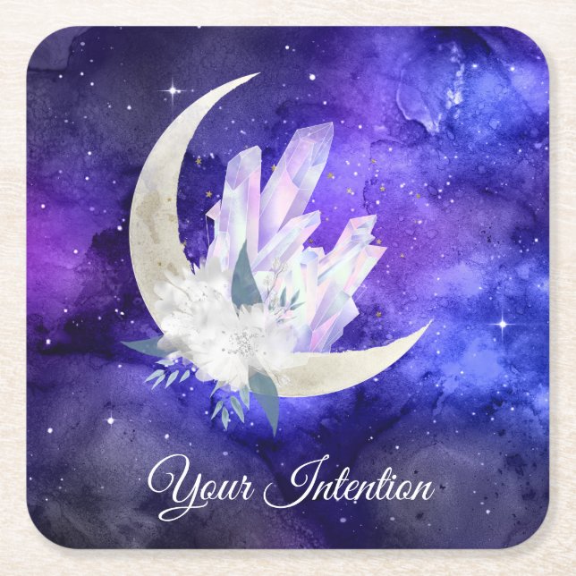 *~* INTENTION Cosmic Floral Crystals EMOTO Square Paper Coaster (Front)