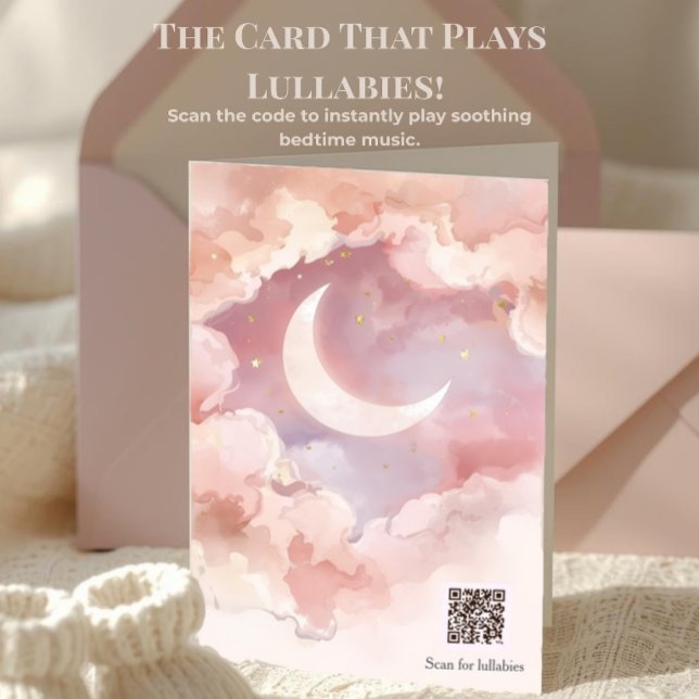 Interactive Lullaby QR Code | Pink Moon Shower Card (Magical pink watercolor moon card with a scannable QR code that plays soothing lullabies instantly.)