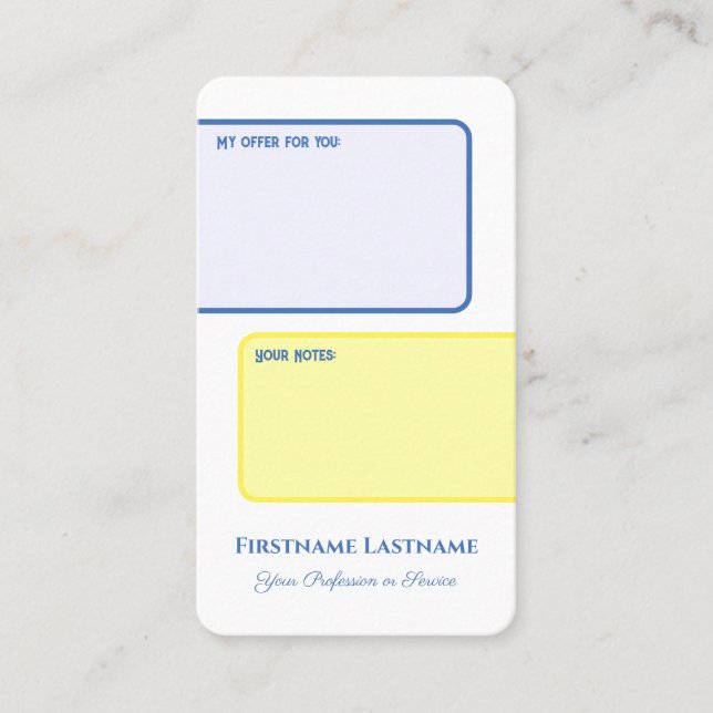 Interactive personal offer and customer notes business card (Front)