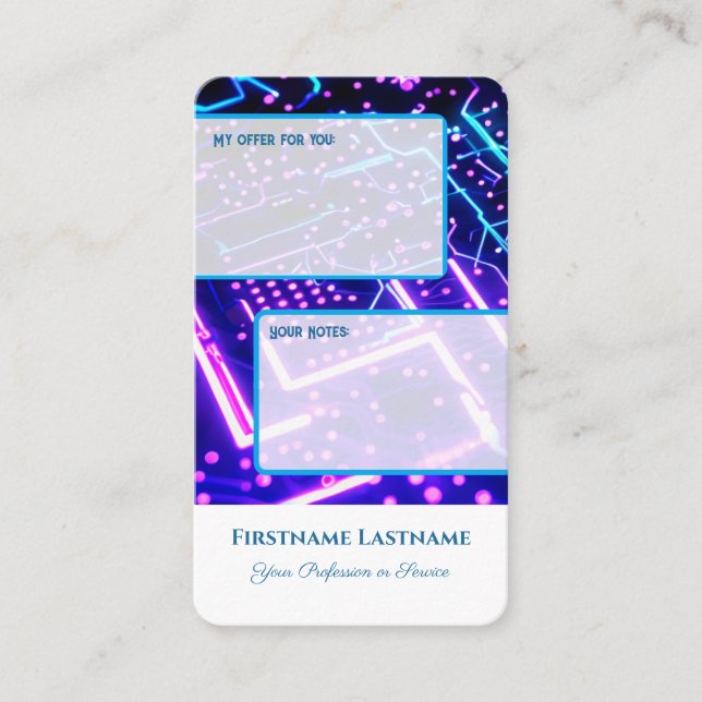 Interactive personal offer and customer notes neon business card (Front)