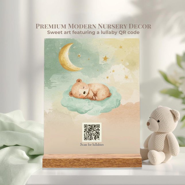 Interactive QR Lullaby Sleeping Bear Celestial Acrylic Sign (Unique baby shower gift! Tabletop sleeping bear plaque with QR code that plays soothing lullabies.)