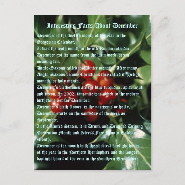 Interesting Facts About December Postcard (Front)