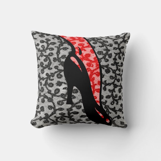 Interesting leg on black high heel shoe red lace cushion (Front)