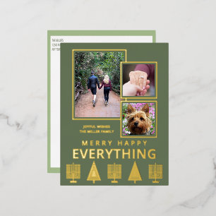 Interfaith 3 Photo Simple Modern Green Gold Foil Holiday Postcard