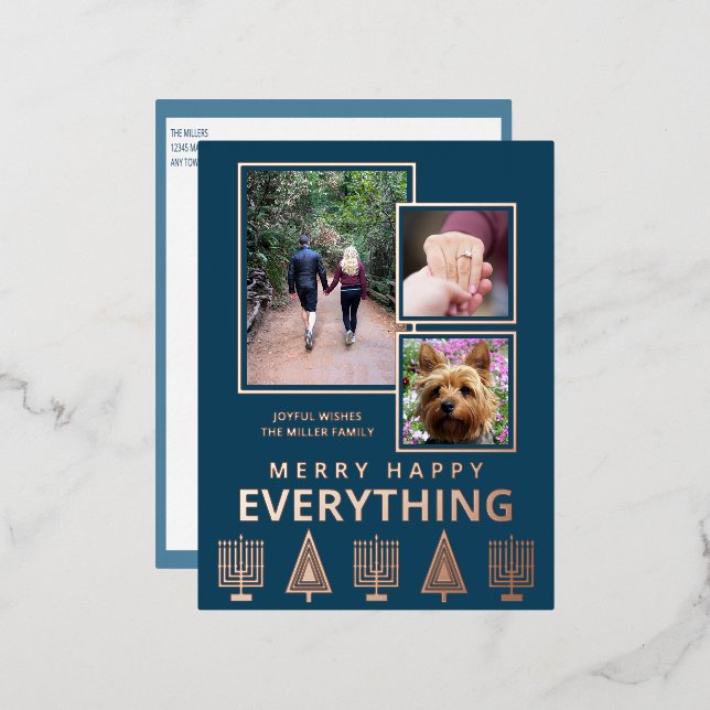 Interfaith 3 Photo Simple Modern Navy Rose Gold Foil Holiday Postcard (Front/Back)