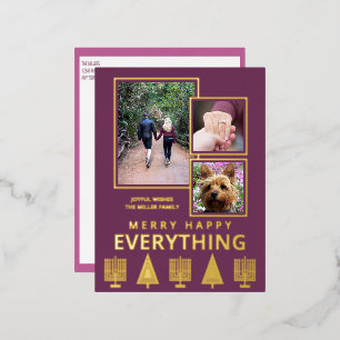 Interfaith 3 Photo Simple Modern Purple Gold Foil Holiday Postcard