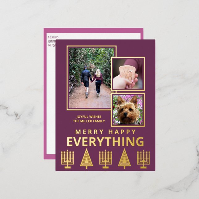 Interfaith 3 Photo Simple Modern Purple Gold Foil Holiday Postcard (Front/Back)
