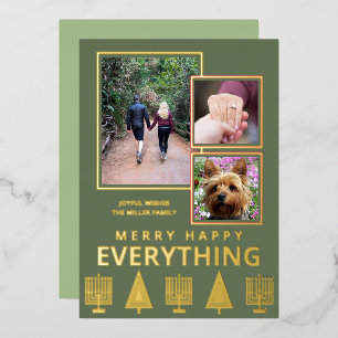 Interfaith 3 Photo Simple Trendy Green Gold Foil Holiday Card
