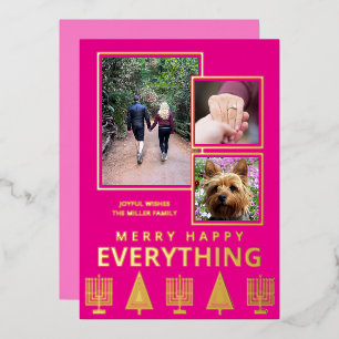Interfaith 3 Photo Simple Trendy Pink Gold Foil Holiday Card