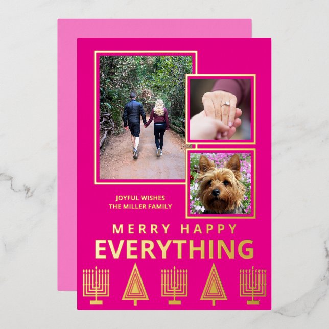 Interfaith 3 Photo Simple Trendy Pink Gold Foil Holiday Card (Front/Back)
